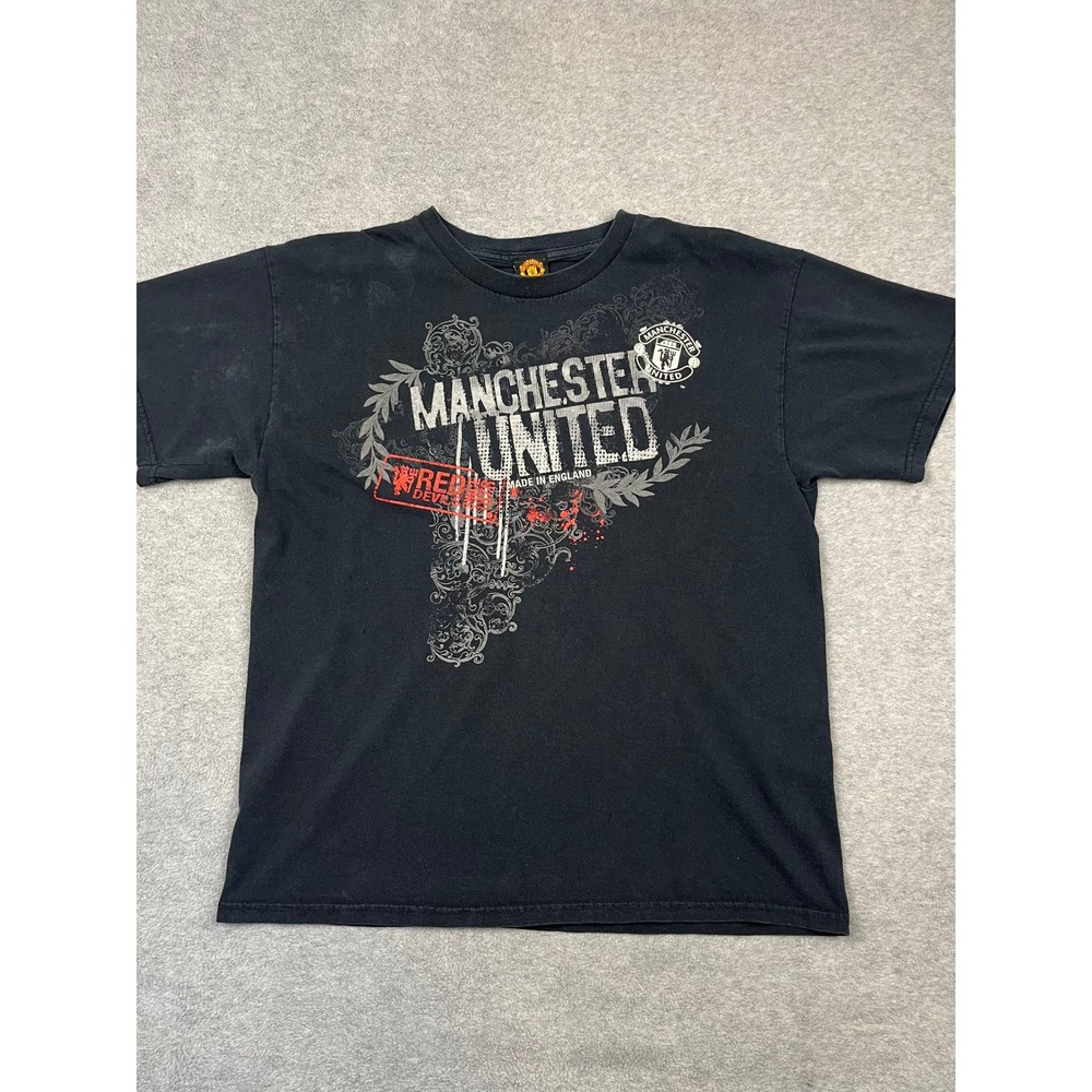 Manchester United T-Shirt Men Large Black Red Devils Graphic Tee Soccer Football